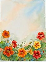 Watercolor nasturtium flowers in orange, red and yellow bloom along the bottom with soft pastel sky background and copy space above.