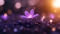 Small purple plant seedling emerging from dark soil with magical bokeh lights and warm sunlight creating dreamy atmosphere for growth and nature concepts.