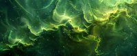 Cosmic nebula with swirling green and yellow gases creating ethereal patterns against dark space background, glowing celestial formation with luminous clouds.