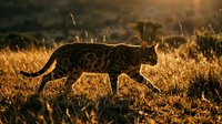 Spotted wild cat walking through golden dry grassland at sunset, backlit by warm light creating atmospheric wildlife scene.