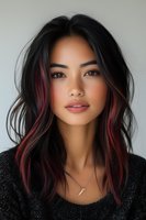 Young Asian woman with dark hair featuring burgundy highlights, wearing black sweater against neutral background, perfect for beauty and fashion advertising.