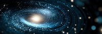 Spiral galaxy with bright center and swirling cosmic dust in deep space, glowing stars and nebula scattered across dark universe background. Astronomy concept.