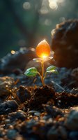 Glowing orange physalis plant growing from soil at sunset, with bokeh light effects and green leaves creating magical garden atmosphere. Nature awakening concept.
