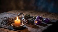 Mystical altar setup with burning candle, crystal ball, amethyst stones and dried herbs on wooden table for spiritual practices and meditation rituals.