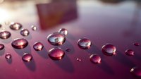 Transparent water droplets of varying sizes scattered across a smooth burgundy surface with soft lighting and shallow depth of field, suitable for backgrounds and design projects.