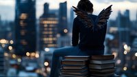 Young woman with angel wings sitting on books overlooking illuminated city skyline at dusk. Fantasy concept for education, dreams, and urban inspiration.