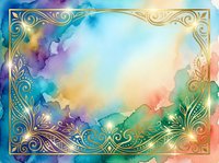 Watercolor gradient background with vibrant rainbow hues and ornate gold filigree border frame, isolated on white for design projects, invitations, and creative layouts.
