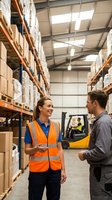 Warehouse workers discussing logistics in modern distribution center with forklift and storage shelves for supply chain management operations.