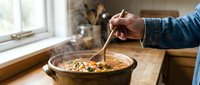 Person stirring homemade soup in rustic kitchen bowl with wooden spoon, comfort food cooking at home for meal preparation and family dining.