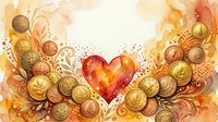 Decorative heart with ornate golden coins and swirls on warm watercolor background for romantic designs and luxury themed projects.