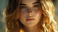 Young woman with golden wavy hair illuminated by warm sunset light, soft focus portrait with natural makeup and glowing skin against blurred background.