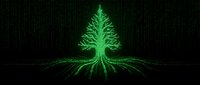 Digital tree with roots glowing in green matrix code style on dark background for technology and nature fusion concepts.