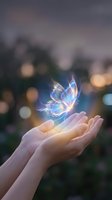 Hands holding glowing luminescent butterfly with magical light effect against blurred evening cityscape background for fantasy, spirituality, hope and transformation concepts.