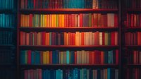 Colorful bookshelf with vibrant spectrum of books arranged from blue to orange and red tones in atmospheric library lighting.