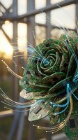 Digital rose made from green circuit boards with glowing fiber optic cables in modern office setting with warm sunlight streaming through windows.