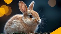 Adorable brown bunny rabbit with fluffy fur and long ears against dark background with golden bokeh lights, side view portrait of young domestic pet looking up.