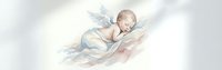 Peaceful newborn baby with angel wings sleeping on soft clouds in heavenly light, symbolizing innocence, spirituality and new life for greeting cards.