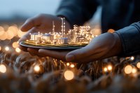 Hands holding miniature industrial refinery model with glowing bokeh lights, representing energy sector innovation and sustainable manufacturing solutions.