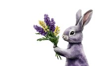 Watercolor gray bunny holding purple and yellow wildflowers bouquet on white background, spring holiday greeting card design element.