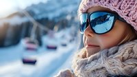 Young woman in winter attire with sunglasses reflecting snowy ski slopes, wearing pink knit beanie and cozy scarf, enjoying winter sports atmosphere at mountain resort.
