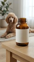 Amber glass bottle with blank label on wooden table, fluffy poodle sitting in background, pet supplement or medication concept.