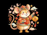 Cute rat character wearing traditional red and gold clothing with festive decorative elements, coins, and cherry blossoms surrounding it. Isolated on transparent background, ready for t-shirts, stickers, clipart, print-on-demand products, and sublimation designs.