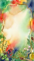 Watercolor frame with vibrant rainbow wash background, gold ornate border, botanical herbs and spices illustration, isolated on white space for greeting cards, invitations, menus, and design projects.