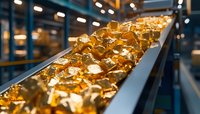 Gold bars moving on industrial conveyor belt in manufacturing facility, selective focus on shiny metallic surface with warm lighting creates dramatic perspective.