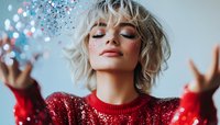 Young woman in red sparkly sweater with blonde wavy hair and closed eyes throws glitter confetti in magical holiday atmosphere against blue background.