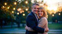 Happy mature couple embracing outdoors with warm string lights creating romantic bokeh background during golden hour sunset in park setting.