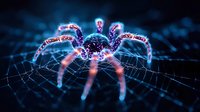Glowing neon spider on dark web with electric blue and pink light effects creates mysterious atmosphere. Digital art concept for technology and cybersecurity themes.