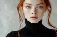 Young woman with copper red hair and fair complexion wearing black turtleneck sweater, looking at camera with neutral expression against neutral background for portrait and fashion use.
