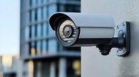 Modern security surveillance camera mounted on exterior wall of office building, monitoring entrance area with blurred urban background for safety concept.