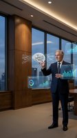 Senior Caucasian businessman in navy suit interacts with holographic AI brain and data analytics dashboards in a modern corporate office at dusk.