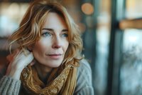 Confident middle-aged Caucasian woman with blonde wavy hair and natural makeup wearing cozy knit sweater and scarf, looking thoughtfully through window with gentle smile.