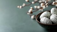Speckled eggs in wooden bowl with blooming cherry branches on sage green background for spring Easter holiday decoration and seasonal design projects.
