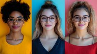 Diverse young women wearing stylish eyeglasses against vibrant colored backgrounds, showcasing different hairstyles and fashion choices.