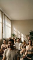 Diverse group practicing meditation in sunlit studio with natural light streaming through windows creating peaceful wellness atmosphere.