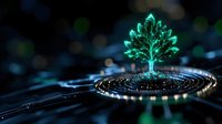 Glowing green digital tree emerging from futuristic circular platform with light trails on dark tech background for environmental technology concepts.