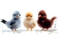 Three adorable fluffy baby chicks in different colors standing together on white background, perfect for spring designs and Easter projects.