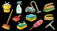 Cleaning supplies set with bucket, spray bottle, vacuum, broom, dustpan, brushes and sponges isolated on transparent background. Ready for t-shirt design, clipart, stickers, print-on-demand and sublimation projects.