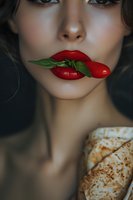 Young woman with red lipstick holding cherry with green leaf in mouth, sensual portrait for beauty and fashion concepts.
