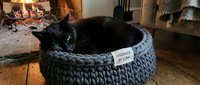 Black cat resting in gray knitted pet bed on wooden floor, cozy home interior with fireplace and furniture in background.
