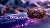 Golden bitcoin cryptocurrency coin on purple digital surface with bokeh lights and blurred computer keyboard background for financial technology concepts.