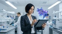 Woman scientist in professional black blazer holding tablet in modern laboratory with blue molecular structure hologram, colleagues working in background among scientific equipment and fluorescent lighting.