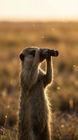 Meerkat standing upright holding binoculars during golden hour sunset in natural habitat for wildlife photography and nature observation concepts.