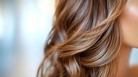 Soft focus close up of wavy brown hair with blonde highlights showing natural movement and shine against blurred background, demonstrating professional hairstyling technique.