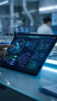Scientist using digital tablet with futuristic interface displaying data analytics and molecular structures in modern laboratory environment.