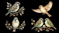 Watercolor sparrows set with floral branches, isolated on transparent background. Four poses for clipart, stickers, t-shirt design, print on demand, and sublimation projects.