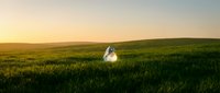 Young woman in white wedding dress standing alone in vast green rolling meadow at golden hour sunset, suitable for wedding, romance, and editorial design projects.